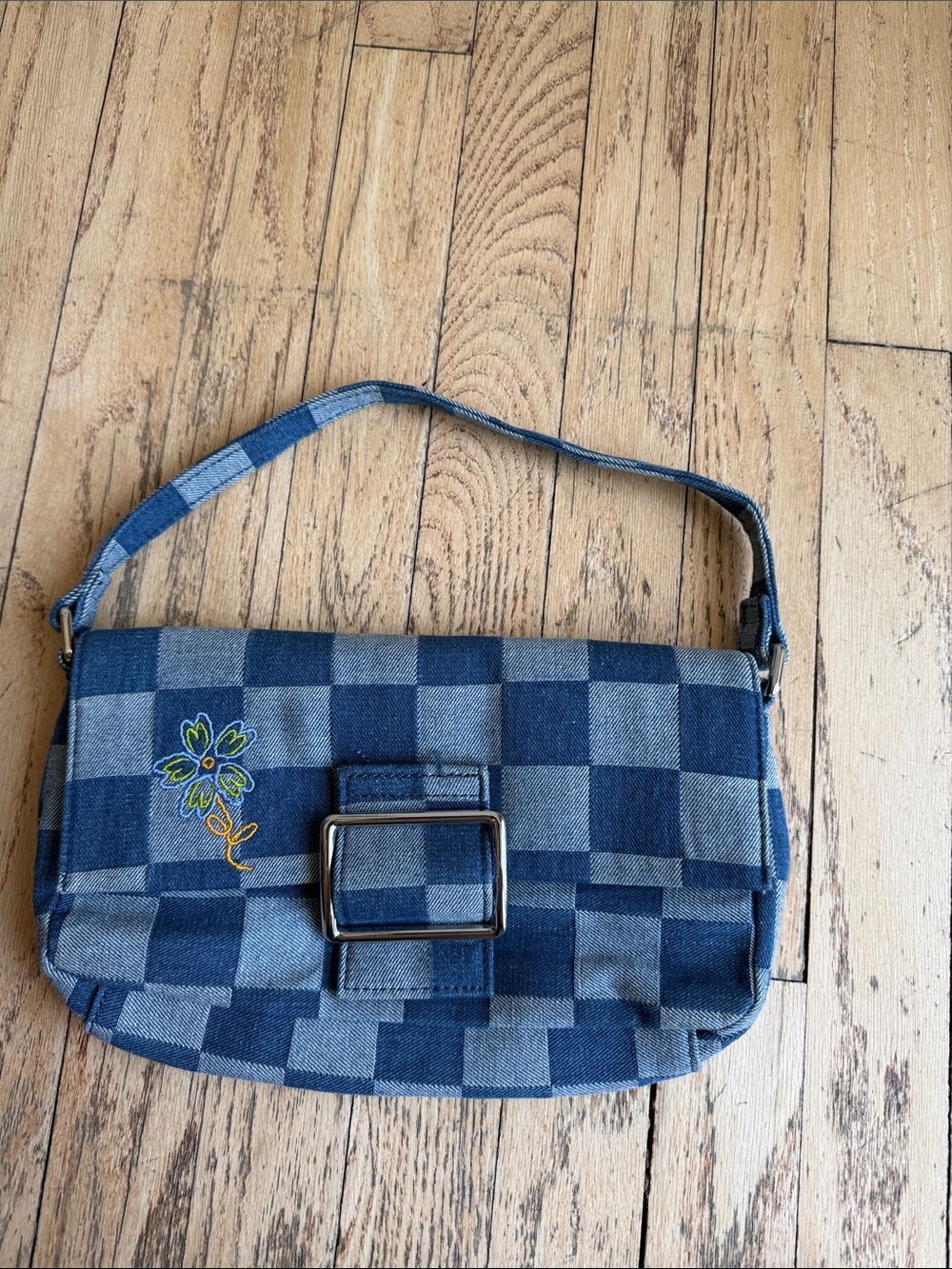 Urban Outfitters Blue Checkered Shoulder Bag with Floral Embroidery